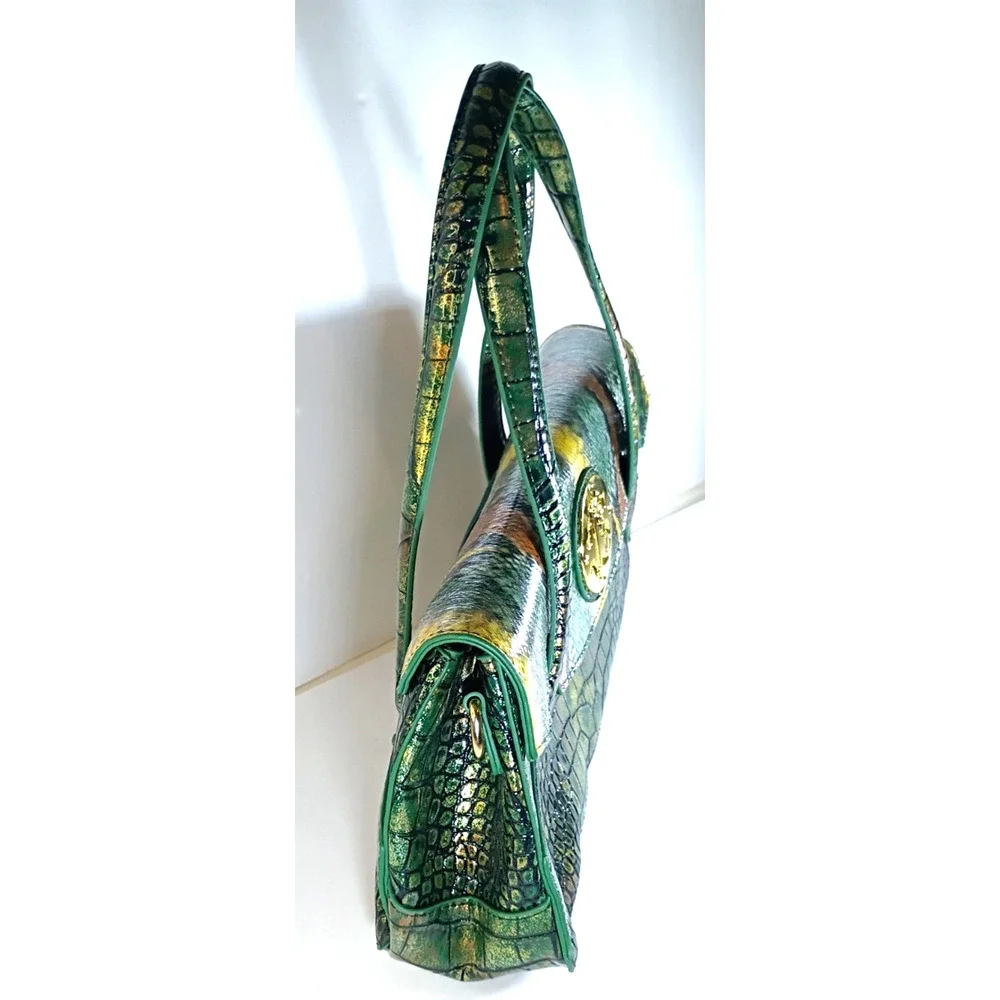 Vintage Sharif Metallic Green Gold Reptile Embossed Crossbody Flap Bag Y2K EUC